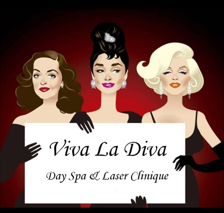 The Viva La Diva logo, three golden-age film stars holding the clinique's name plate